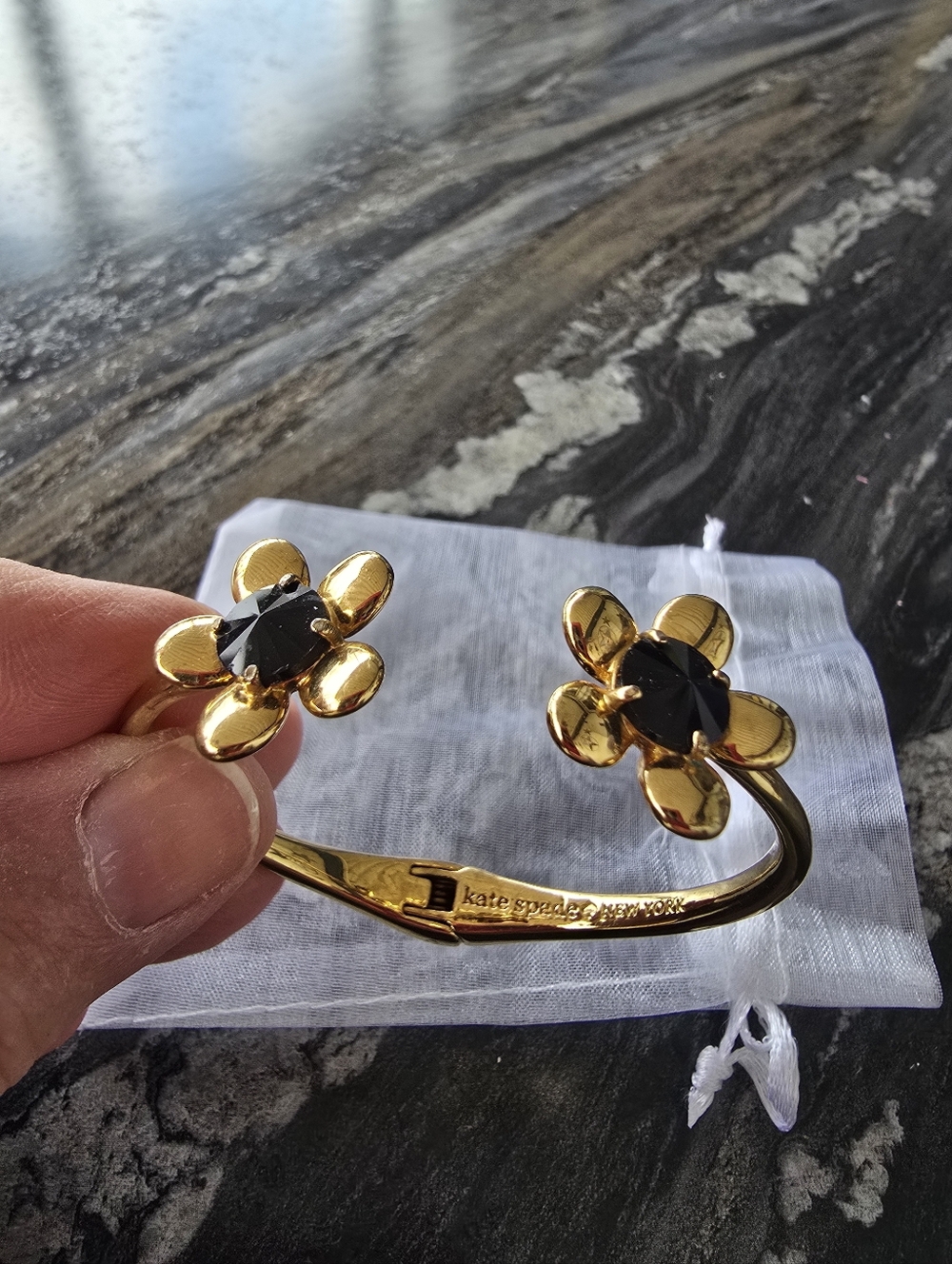 Kate Spade Gold Flower Cuff Bracelet with Black Stones 6.25 Circumference